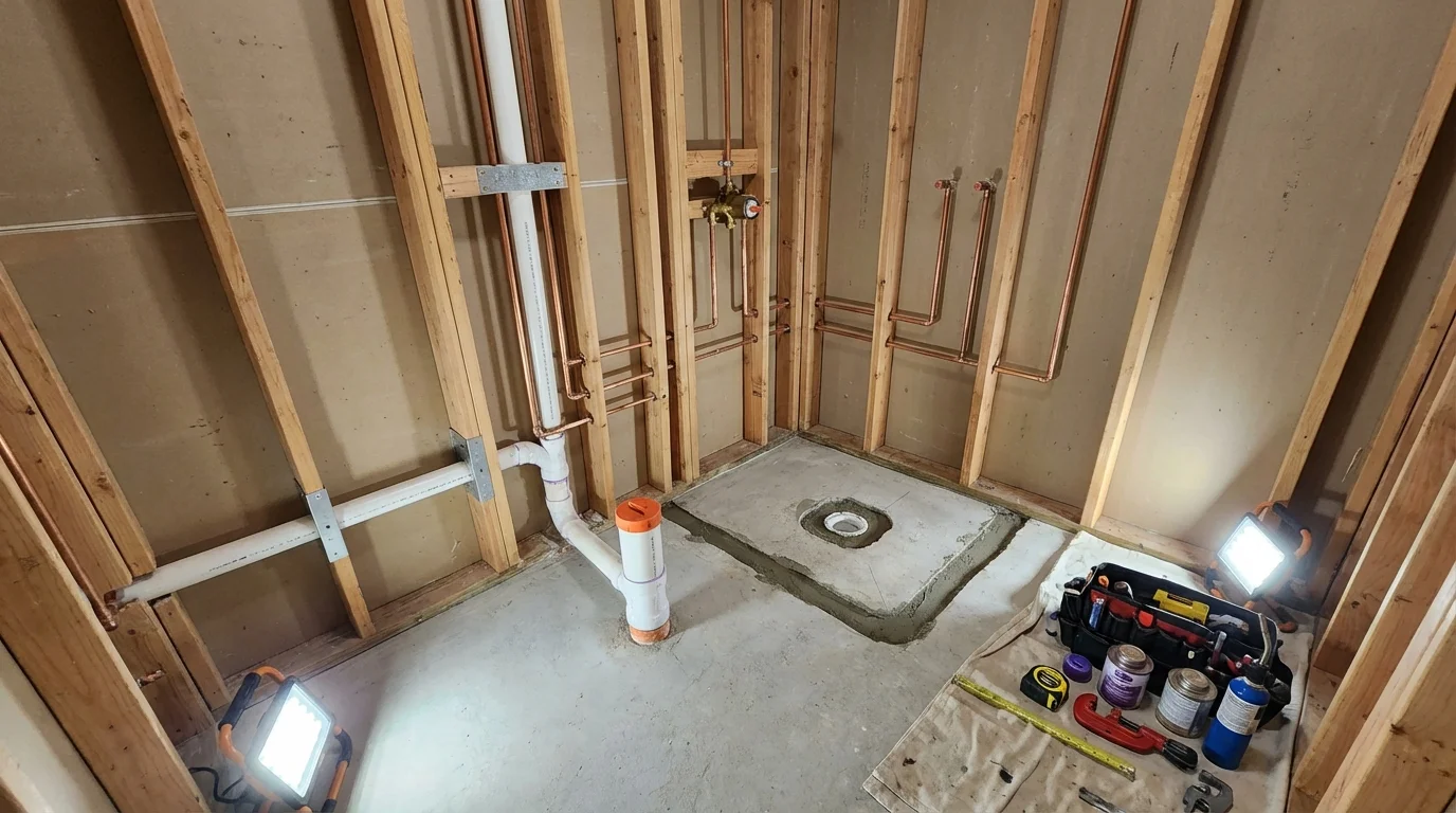 Bathroom rough-in plumbing during remodel by Johns Plumbing LLC in Renton
