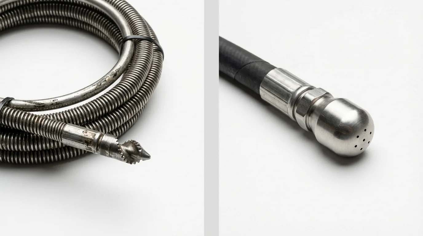 Drain snake cable and hydro jetting nozzle used for drain cleaning in Renton, WA