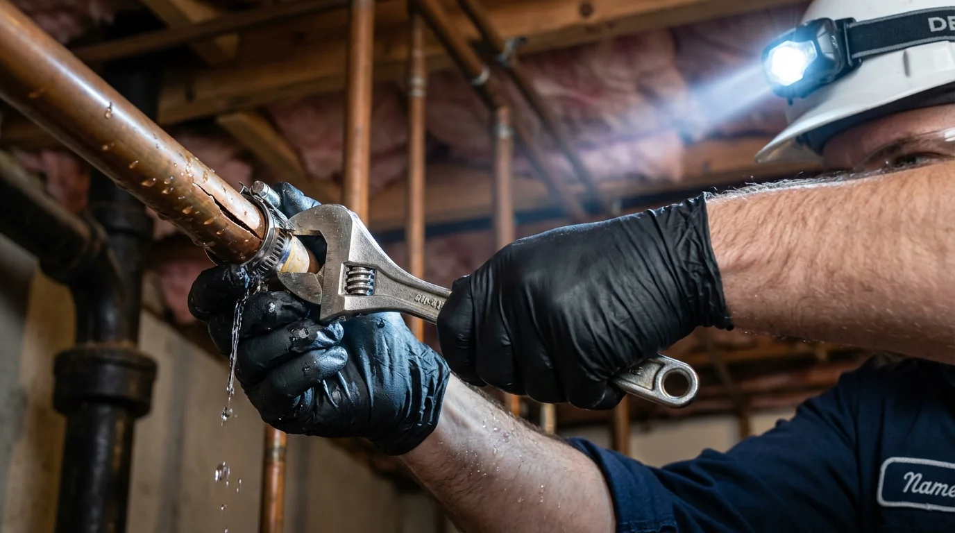 Emergency pipe clamp repair being performed by a Johns Plumbing LLC plumber in Renton