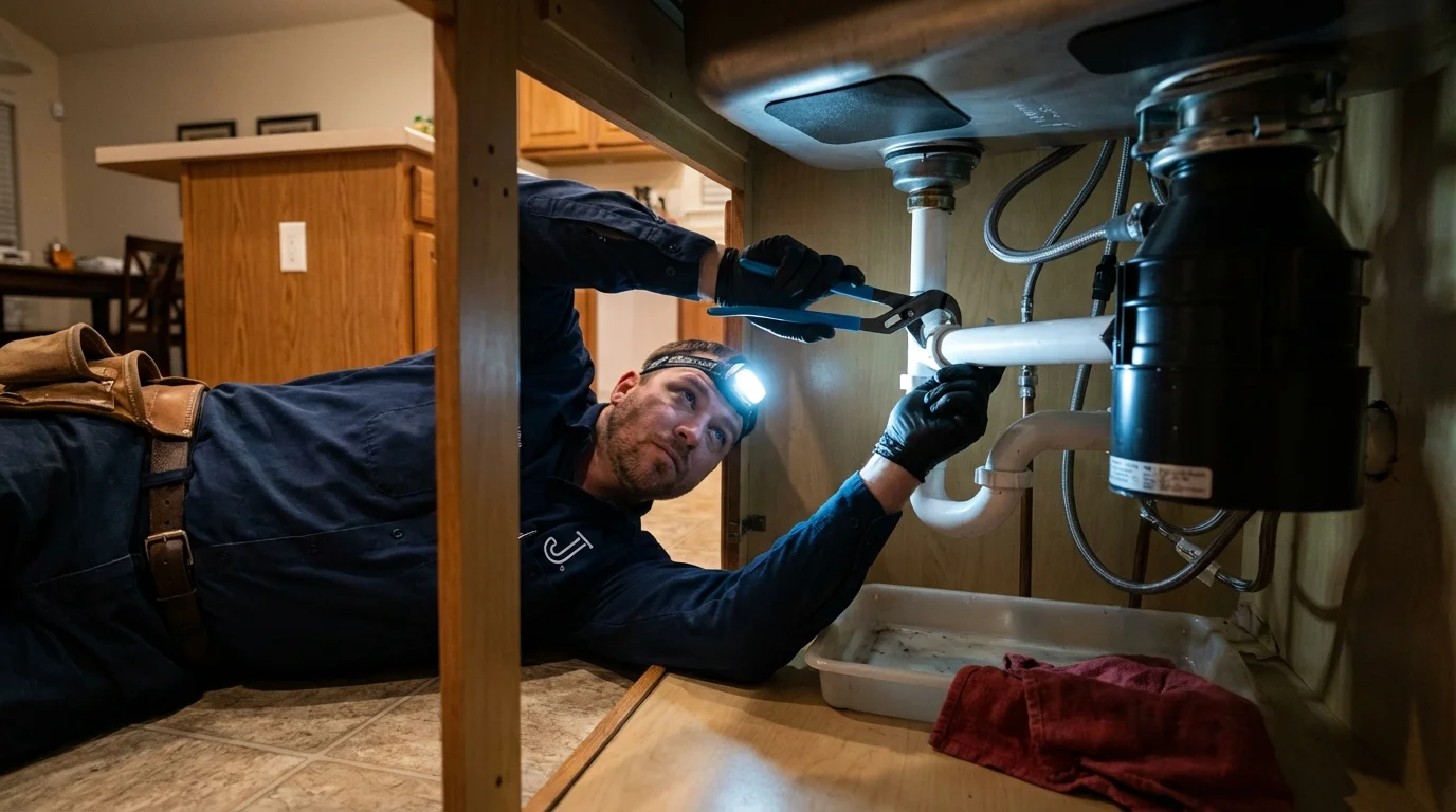 P-trap and supply line connections under a kitchen sink showing a common leak point in Renton, WA